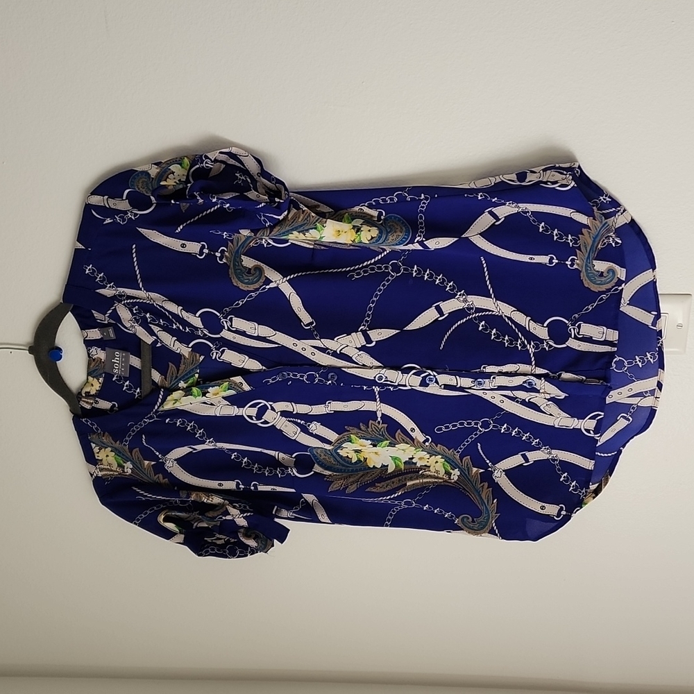 NY&C SHORT SLEEVE BLOUSE.  MULTI BLUE. MEDIUM